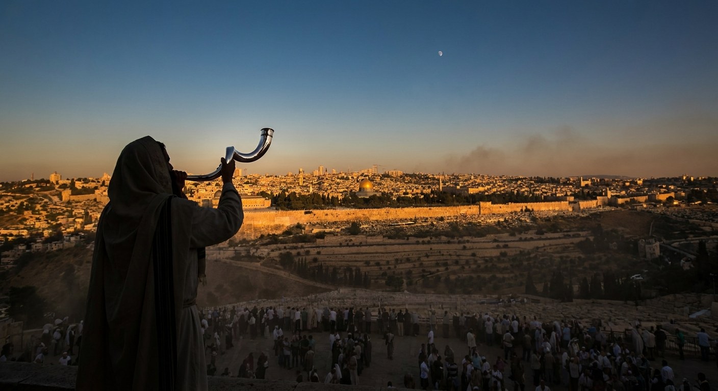 A shofar raised at the Feast of Trumpets